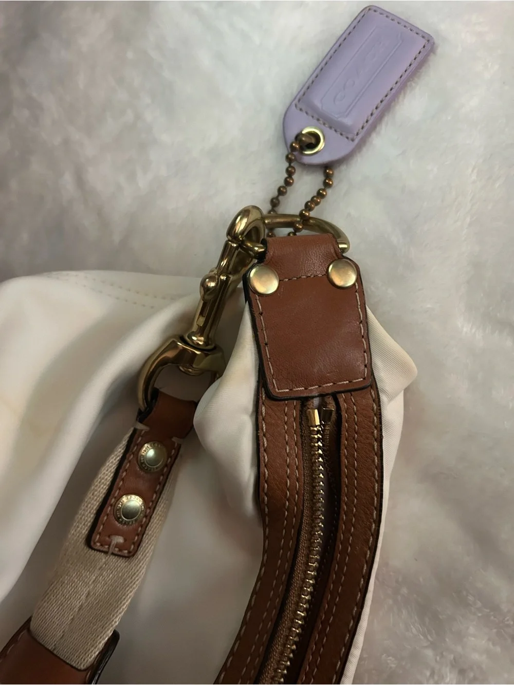 Coach Cream Shoulder Bag with Brown Leather Trim and Lavender Tag - Picture 6 of 8